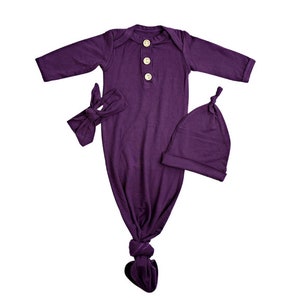 Newborn Eggplant Purple Gown Set: Rayon Blend, Knotted Hat & Headband