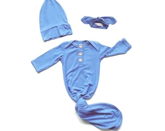 Newborn Baby Gown, Marine Blue, Coming Home Set with Knotted Hat & Headband, 3 Piece Set, Handmade in USA
