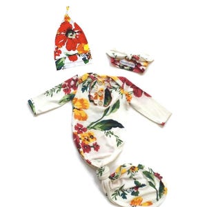 Floral Baby Gown Set: Bamboo Rayon Knot Gown, Hat & Headband