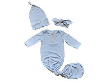 Newborn Baby Gown Set in Baby Blue, with Knotted Hat and Top Knot Headband, Going Home Set, 3 Piece Set