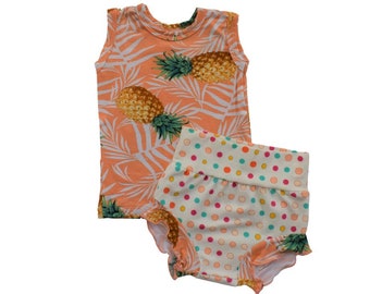 Baby Bloomer Set, Pineapple Tank Top Cotton Outfit, Handmade Baby Shower Gift, 2 Piece Set