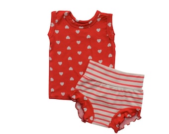 Baby Bloomer Set, Red Hearts Tank Top Cotton Outfit, Handmade Baby Shower Gift, 2 Piece Set