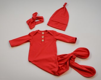 Newborn Baby Gown Set in Red, with Knotted Hat and Top Knot Headband, Going Home Set, 3 Piece Set