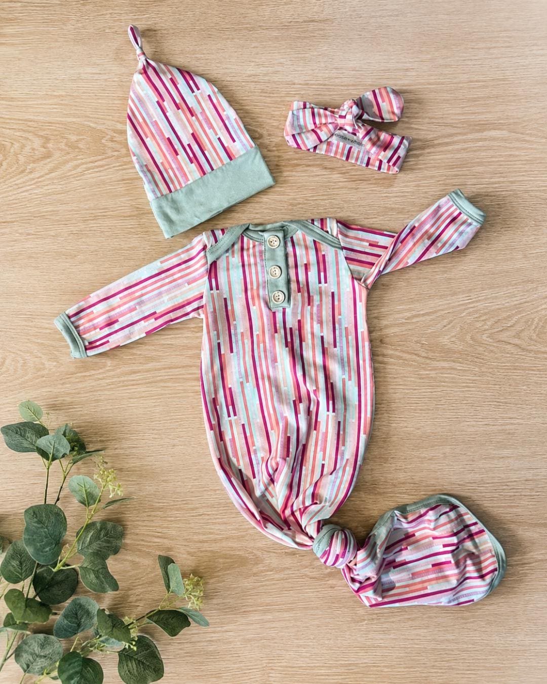 Organic Cotton Newborn Baby Knotted Gown Set with Matching Hat & Headband Pink Mint Stripe Baby Girl Outfit Baby Shower Gift