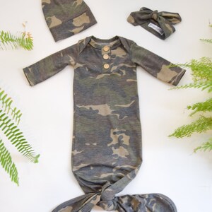 Camo Newborn Baby Gown Set, Knotted Hat and Top Knot Headband, Going Home Set, Soft Fabric image 7