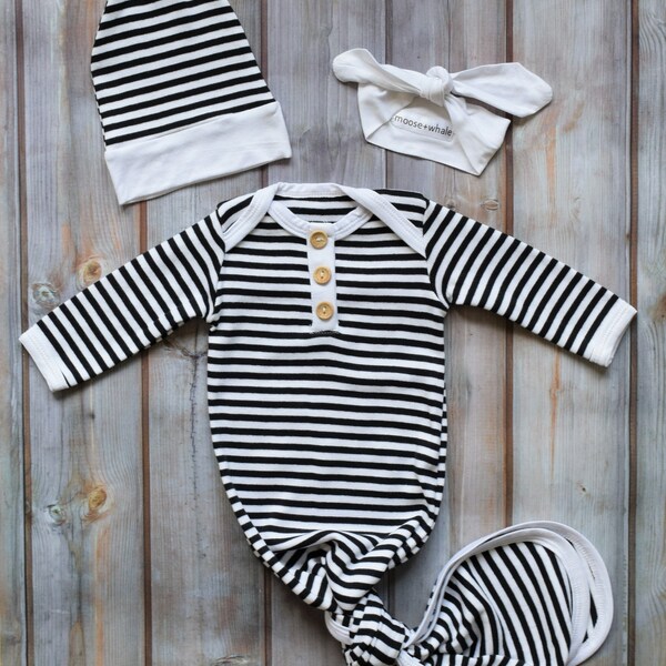 Newborn Baby Gown Set in Black and White Stripes, with Knotted Hat and Top Knot Headband, Going Home Set, 3 Piece Set