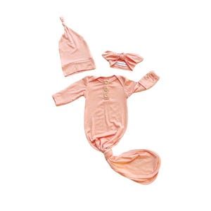 Peach Newborn Gown Set: Bamboo Rayon Blend, Knot Hat & Headband