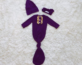 Newborn Baby Gown in Eggplant, Purple with Gold trim, with Knotted Hat and Top Knot Headband, Going Home Set, 3 Piece Set