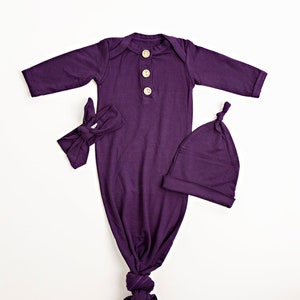 Knotted Newborn Baby Gown in Eggplant, with Knotted Hat and Top Knot Headband, Going Home Set, Soft Fabric