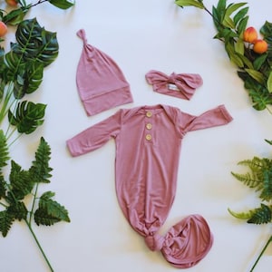 Newborn Mauve Gown Set: Knotted Hat & Headband, Rayon Blend