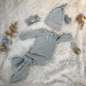 Newborn Baby Gown Set, Pale Green, with Knotted Hat and Top Knot Headband, Going Home Set, 3 Piece Set