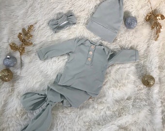 Newborn Baby Gown Set, Pale Green, with Knotted Hat and Top Knot Headband, Going Home Set, 3 Piece Set