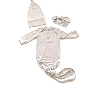 Oatmeal Knit Newborn Gown Set: Knotted Hat and Headband - Made in USA