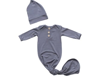 Vestido gris para bebé recién nacido, gorro y diadema unisex con nudo, hecho a mano en EE. UU.