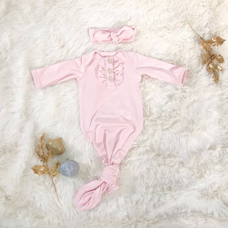 Newborn Baby Girl Gown Set in Pink With Top Knot Headband and Etsy