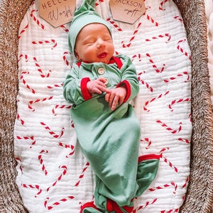 Newborn Baby Gown Set in Christmas Red and Green, Gender Neutral with Knotted Hat and Top Knot Headband, made in USA