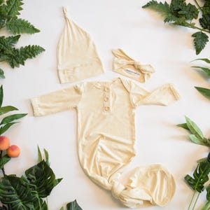Newborn Knotted Gown Set: Heather Butter Cream Baby Outfit