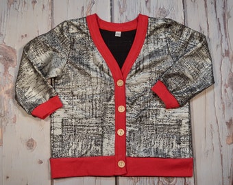 Handmade Baby Cardigan, Infant Sweater, Silver and Red Print Cardigan