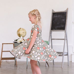 Organic Sage Green Apple Back To School Twirl Dress, Girls Organic Cotton Apple Dress, Back To School Twirl Dress With Apples and Daisies