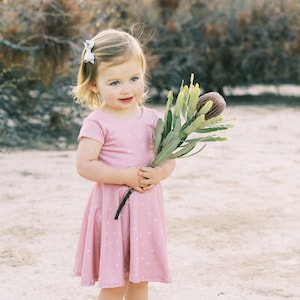 Rose Pink Modern Hearts Toddler Twirl Dress, Tiny Hearts Square Back Twirly Dress In Pink, Valentine&#39;s Day Modern Girls Twirl Dresses