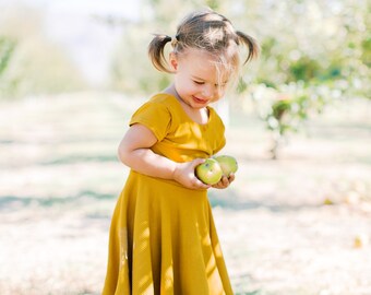 Mustard Rib Knit Toddler Twirl Dress For Fall, Girls Fall Twirl Dress in Mustard, Modern Twirl Dress For Fall Family Photos, Twirly Dress