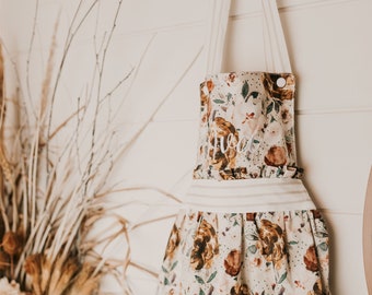 Girls Cream Floral Personalized Apron, Mommy and Me Boho Floral Apron With Embroidery, Ruffle Apron With Peonies For Little Bakers and Chefs