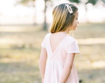 Blush Pink Velvet With Tiny Gold Dots Girls Twirl Dress, Modern Twirl Dress With V Shaped Back, Unique Easter Dress in Blush Pink Velvet