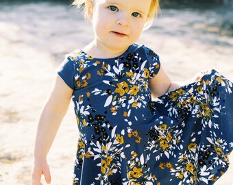 Dusty Blue And Mustard Floral Toddler Twirl Dress, Modern Abstract Floral Print Girls Dress, Unique Summer Twirl Dress For Little Girls