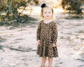 Cheetah Toddler Twirl Dress, Modern Toddler Sweater Dress, Girls Animal Print Dress, Spring Sweater Dress For Toddler, Unique Girls Dress