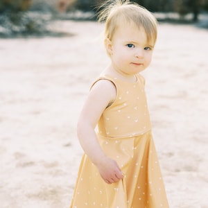 Mustard Tiny Hearts Toddler Twirl Dress, Modern Square Back Girls Twirly Dress In Abstract Hearts, Valentine&#39;s Day Twirly Dresses
