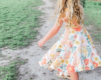 Organic Big Spring Floral Twirl Dress, Girls Floral Twirl Dress For Spring, Organic Cotton Coordinating Easter Twirl Dresses, Unique Dresses