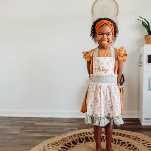 Wildflower and Sage Green Polka Dot Personalized Apron For Girls, Mommy and Me Embroidered Aprons, Custom Boho Girls Aprons With Ruffles