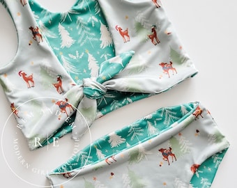 Reversible Girls Christmas Swimsuit, Winter Woodland Deer Print