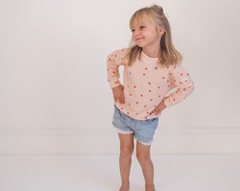 Organic Pink and Red Hearts Girls Sweatshirt, Organic Dolman With Red Hearts, Organic Cotton Sweatshirt Made in America, Sustainable Fashion