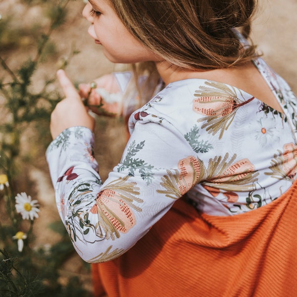 Girls Burnt Orange and Boho Floral Twirl Dress, Fall Family Photos Dress For Girls, Modern Twirly Dress, Unique Girls Dresses, Toddler Dress