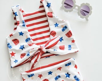 Patriotic Popsicles Girls Reversible Swimsuit, Red White and Blue Swimsuit, Stars Popsicles and Stripes Crop Top Swimsuit, High Waisted Swim