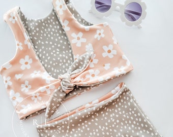 Girls Reversible Swimsuit in a Peach Daisy and Sage Green Polka Dot Design, Girls High Wasted Crop Top Swimsuit, Boho Swimsuits for Girls