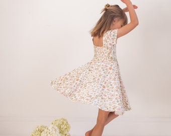 Organic Bunny Floral Springtime Twirl Dress, Girls Organic Cotton Easter Twirl Dress With Flowers and Bunnies, Sustainable Spring Fashion