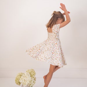Organic Bunny Floral Springtime Twirl Dress, Girls Organic Cotton Easter Twirl Dress With Flowers and Bunnies, Sustainable Spring Fashion image 1