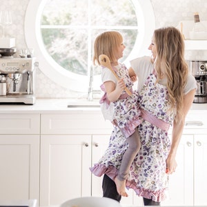 Mother and Daughter Teal and Cream Ruffle Apron Set