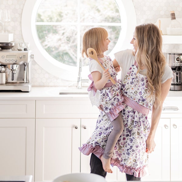 Organic Mommy and Me Lavender Poppies Apron, Personalized Mommy and Me Organic Cotton Floral Aprons with Lavender Sash and Ruffles