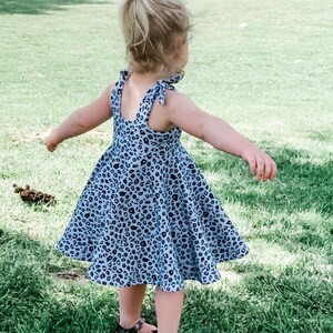 Aqua Blue Animal Print Girls Twirl Dress, Summer Twirly Dress With Tie Top, Multi Colored Animal Print Toddler Twirl Dress, Boho Girls Dress
