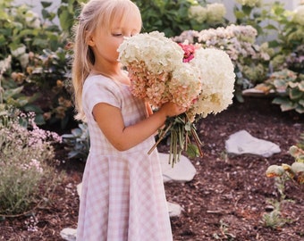 Blush Pink Gingham Twirl Dress For Fall, Coordinating Twirl Dresses For Fall Family Photos, Girls Pink Gingham Twirl Dress, Unique Dresses