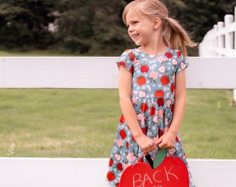 Back To School Apple and Daisy Twirl Dress, Aqua Blue Fall Twirl Dress, Apple Picking Twirly Dress, Girls Twirl Dress For School and Fall