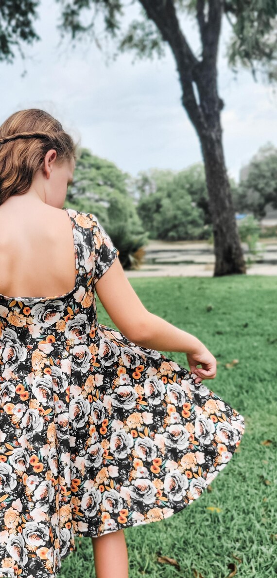 Organic Cotton Fall Floral Twirl Dress, Moody Halloween Dress