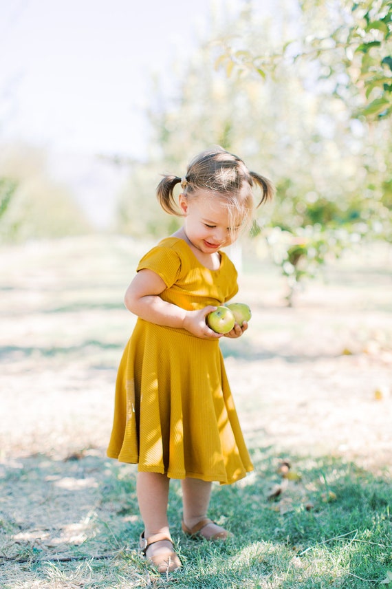mustard yellow toddler dress Yellow Dress Baby Girl, Mustard Shiny Long Sleeve Dress, Organic Baby Clothes, Double Gauze Muslin Sparkling Dots Dress