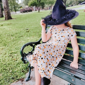 Organic Cotton Halloween Twirl Dress, Black Cats, Pumpkins, Ghosts