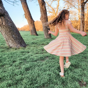 Organic Cotton Multi Color Stripe Spring Twirl Dress, Coordinating Easter Twirl Dresses For Girls, Boho Stripe Twirl Dress, Unique Dresses