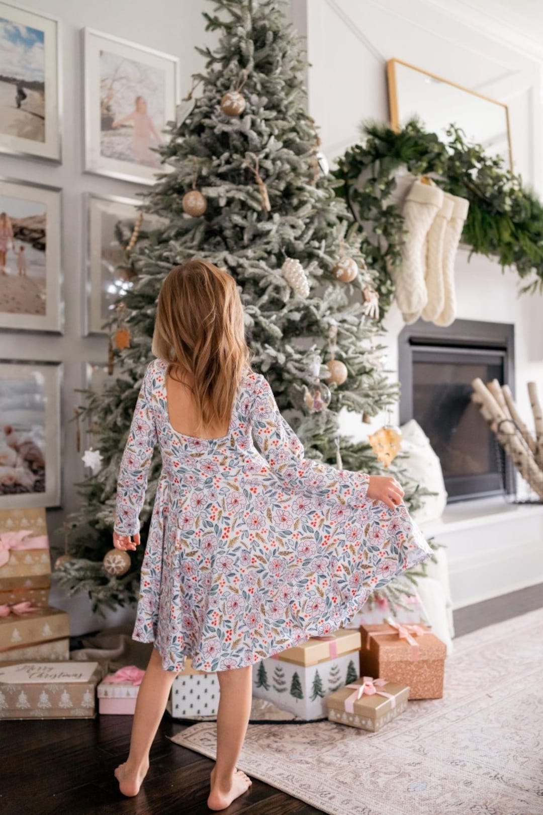 Holiday Dress Christmas Floral Dress Womens Christmas Dresses Long Sleeve  Casual V-Neck Cocktail Floral