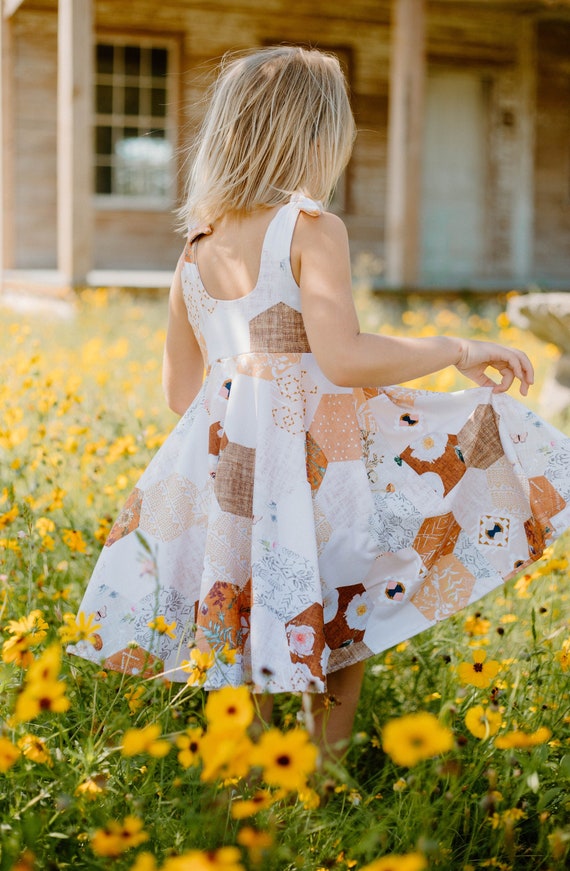 Organic Cotton Girls Twirl Dress, Golden Patchwork Boho Fall Dress